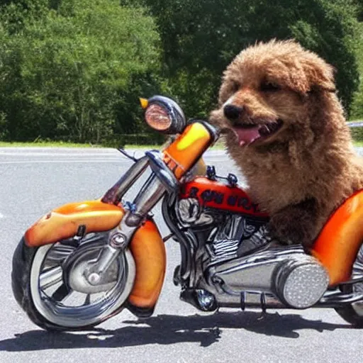 Image similar to dog on a as Harley Davidson on the road, funny picture