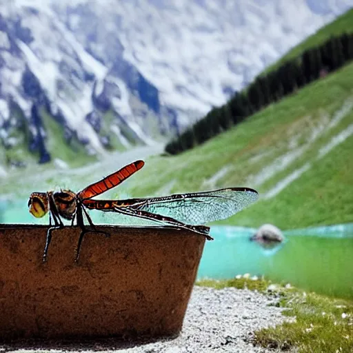 Image similar to dragonfly in a bathtub in the alps, goats!!!!! in background