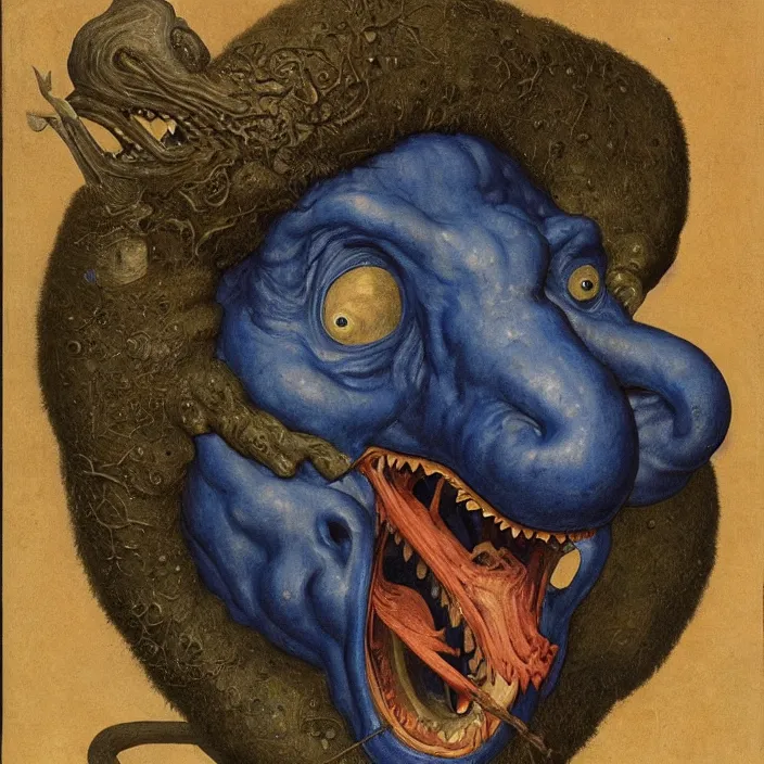 Prompt: close up portrait of a mutant monster creature with giant ear in the middle of the face, lapis - lazuli fangs growing sideways in a spiral shape. by jan van eyck, walton ford