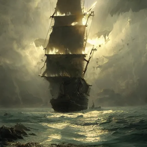 Prompt: detailed white pirate ship with large feathered wings by greg rutkowski, enigmatic atmosphere, beautiful and cinematic lighting, artstation hq.