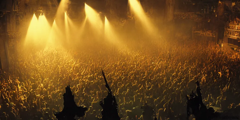 Prompt: ambience, atmosphere, sunbeams, concept art, sauron plays guitar at a rock concert to a crowd of orcs, lord of the rings, peter jackson, studio ghibli, detailed, realistic lighting, volumetric lighting, golden hour,