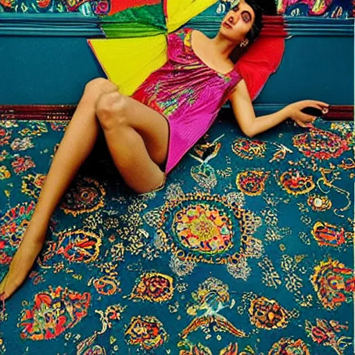 Prompt: a beautiful fashion model laying on a colorful ( ( ( persian rug ) ) ), ( ( ( ( ( wearing a lot of different colorful ties on her body ) ) ) ) )!!!!!. surreal photograph, toiletpaper magazine, top shot, 3 5 mm photograph, colourful, by pierpaolo ferrari, maurizio cattelan