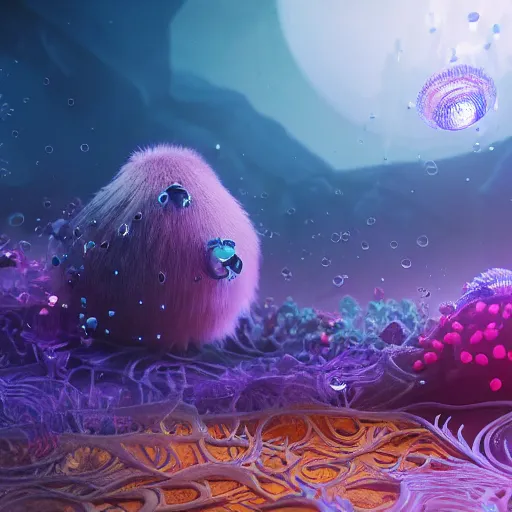 Prompt: chest plate, floating, rbc, radiolaria, protophyta, micro - organisms, center frame, symmetric, rim light, marine microbiology, bioluminescence, electric, fur, soft, concept art, intricate details, highly detailed, colorful, photorealistic, disney pixar, octane render, iridescent, anime, 8 k