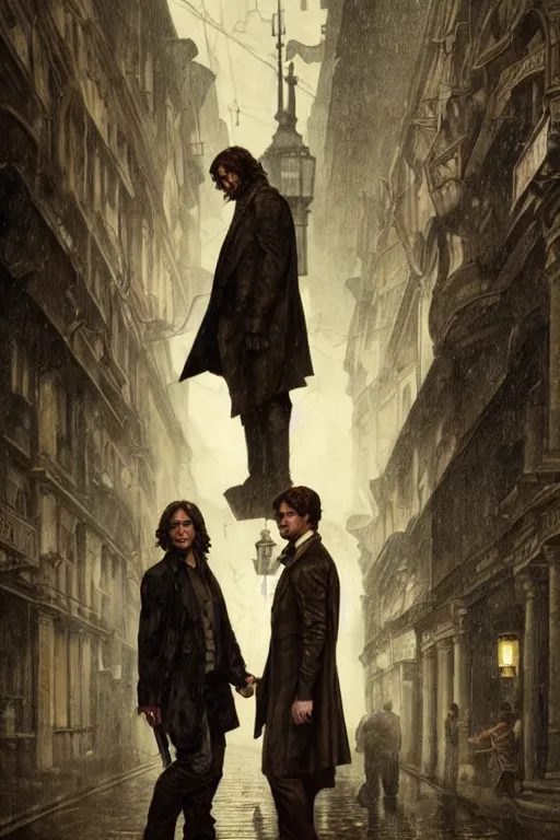 Image similar to a detailed matte portrait of sam winchester and dean winchester in a supernatural sherlock holmes story, 1 8 th century london in the rain, city streets, ominous, masterpiece, 8 k, art by alphonse mucha and greg rutkowski