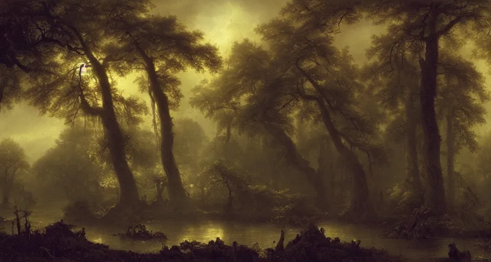 Image similar to A dense and dark enchanted forest with a swamp, by Ivan Aïvazovski,