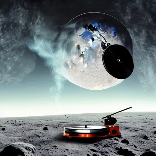 Prompt: a realistic matte painting of a dj with turntable play music on the moon, detailed, 8 k,