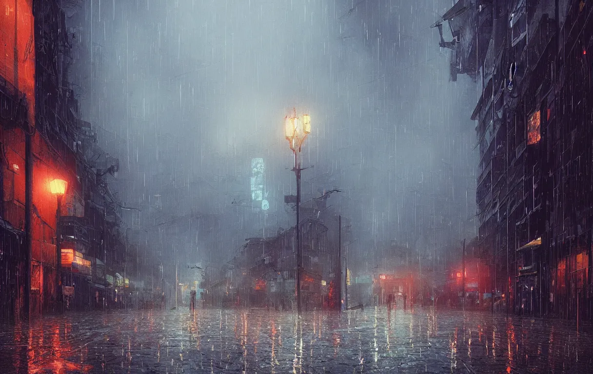 Prompt: A digital painting of a close-up view of a raining cyberpunk street, some street lights and padestrians, by Ismail Inceoglu and Caspar David Friedrich, stunning, photorealistic, highly-detailed, 4k, ue5, light effect, rtx on, realistic, cinematic, IMAX quality, trending on artstation