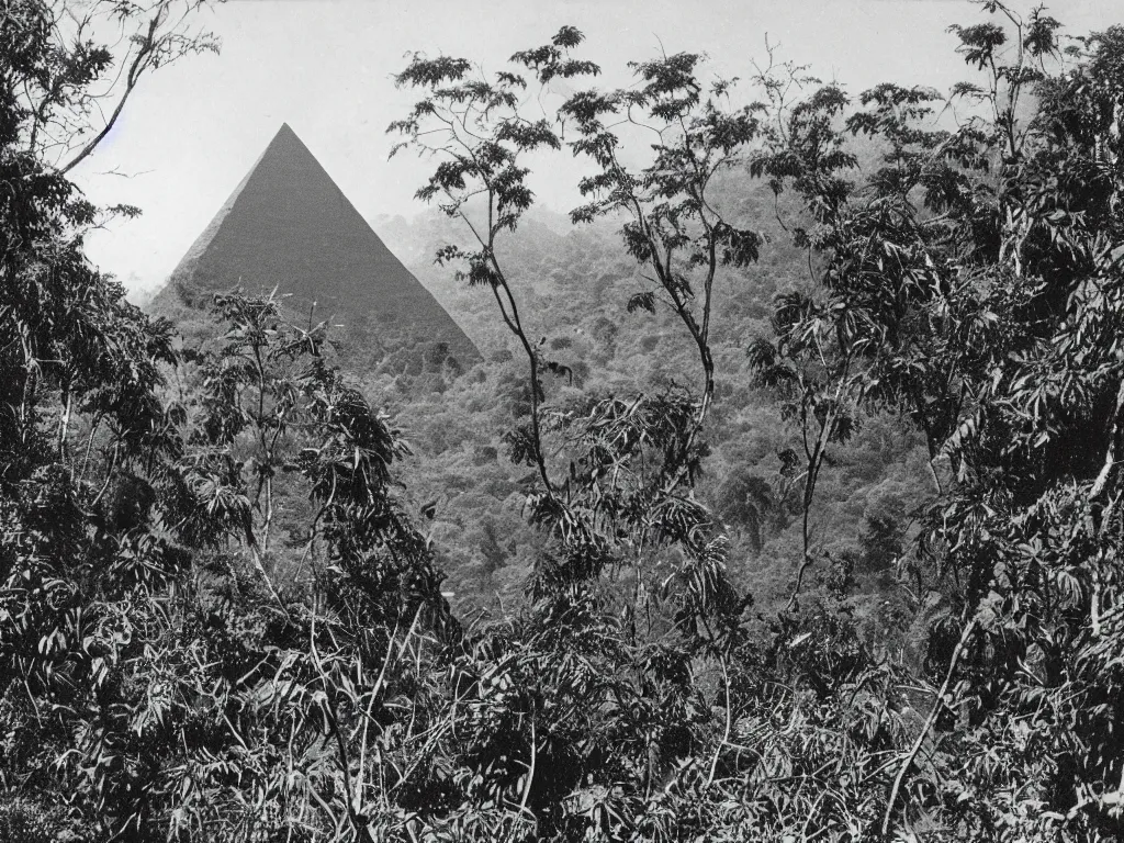 Prompt: old photo of black pyramid in a jungle