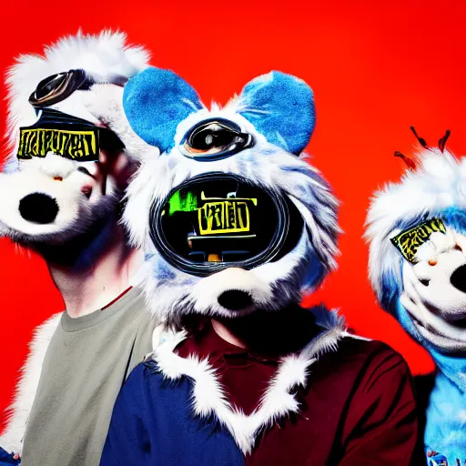 Prompt: bandphoto of anthropomorphic furry musicians, in the style of billelis and james jean and pedro conti and stanley kubrick, inspired by die antwoord, kawaii colors, photorealistic, epic, super technical, 3 d render