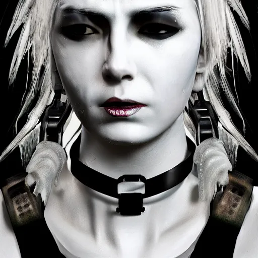 Prompt: detailed realistic cyberpunk female character cyberpunk wearing large steel collar around neck, realistic, art, beautiful, 4K, collar, choker, collar around neck, punk, artstation, detailed, female, woman, choker, cyberpunk, neon, punk, collar, choker, collar around neck, thick collar, choker around neck, wearing choker, wearing collar, bright neon punk hair,