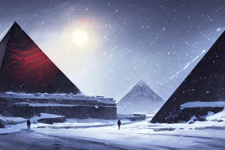 Prompt: concept art painting of a large black obsidian pyramid!! on a snowy mountaintop, night, red lightning!!, dynamic lighting, vibrant, realistic, detailed, dark, in the style of makoto shinkai and greg rutkowski and james gurney