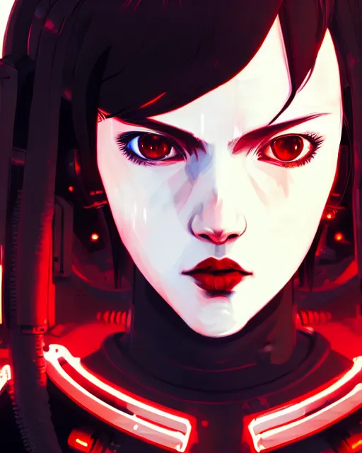 Image similar to a detailed potrait of a cyberpunk cyborg girl with black and red parts, perfect face, realistic shaded perfect face, detailed. night setting. very anime style. realistic shaded lighting poster by ilya kuvshinov katsuhiro, unreal engine, global illumination, radiant light, detailed and intricate environment