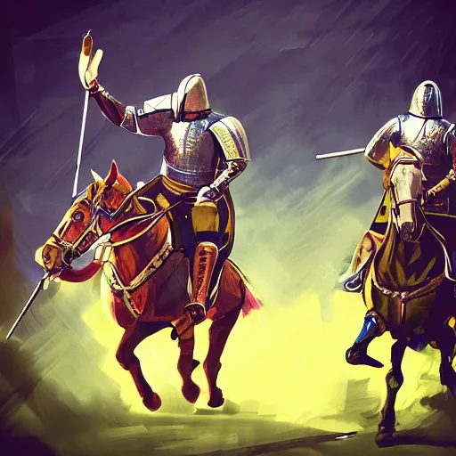 Image similar to medieval jousting tournament featuring saul goodman from breaking bad, photorealistic, trending on artstation, neon colours, over saturated colours,