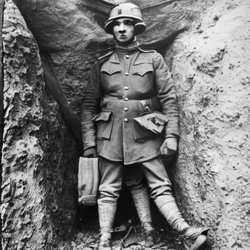 Image similar to anthropomorphic fox man dressed as a soldier in a trench, 1920s film scene