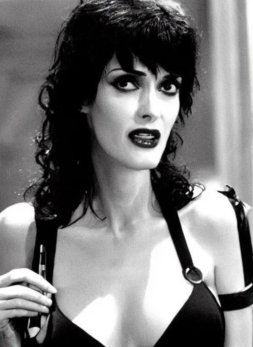 Prompt: film still of winona ryder as elvira hancock in Scarface