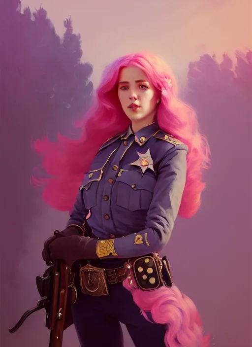 Image similar to female sheriff, beautiful girl, full body, pink hair, cowboy hat, realistic, serov, surikov, vasnetsov, repin, kramskoi, insanely detailed, charlie bowater, tom bagshaw, high resolution, octane rendered, unreal engine, illustration, trending on artstation, masterpiece, 8 k