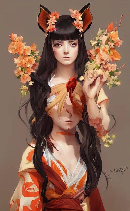 Image similar to A beautiful digital painting of a beautiful young woman with fox ears and nine tails wearing a kimono, anime, visualartzi, Janapese, concept art by Karla Ortiz, James Paick, Charlie Bowater, Krenz Cushart, trending on artstation, cgstudio