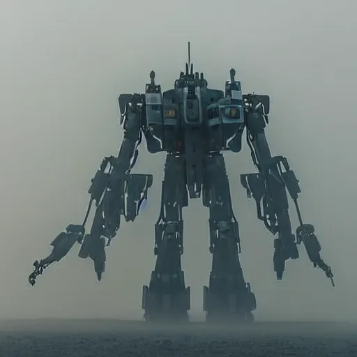 Prompt: gigantic mecha walking, dense fog,, sunset, jakob rozalski