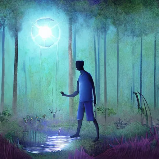 Prompt: a dirty lost person is following a floating blue glowing ball of light through the swampy forest, art by Afda Trihatma .