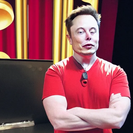 Image similar to elon musk wearing a red dress and chiquita banana hat. emotional vocal performance. photograph of the year. vivid color. high detail.