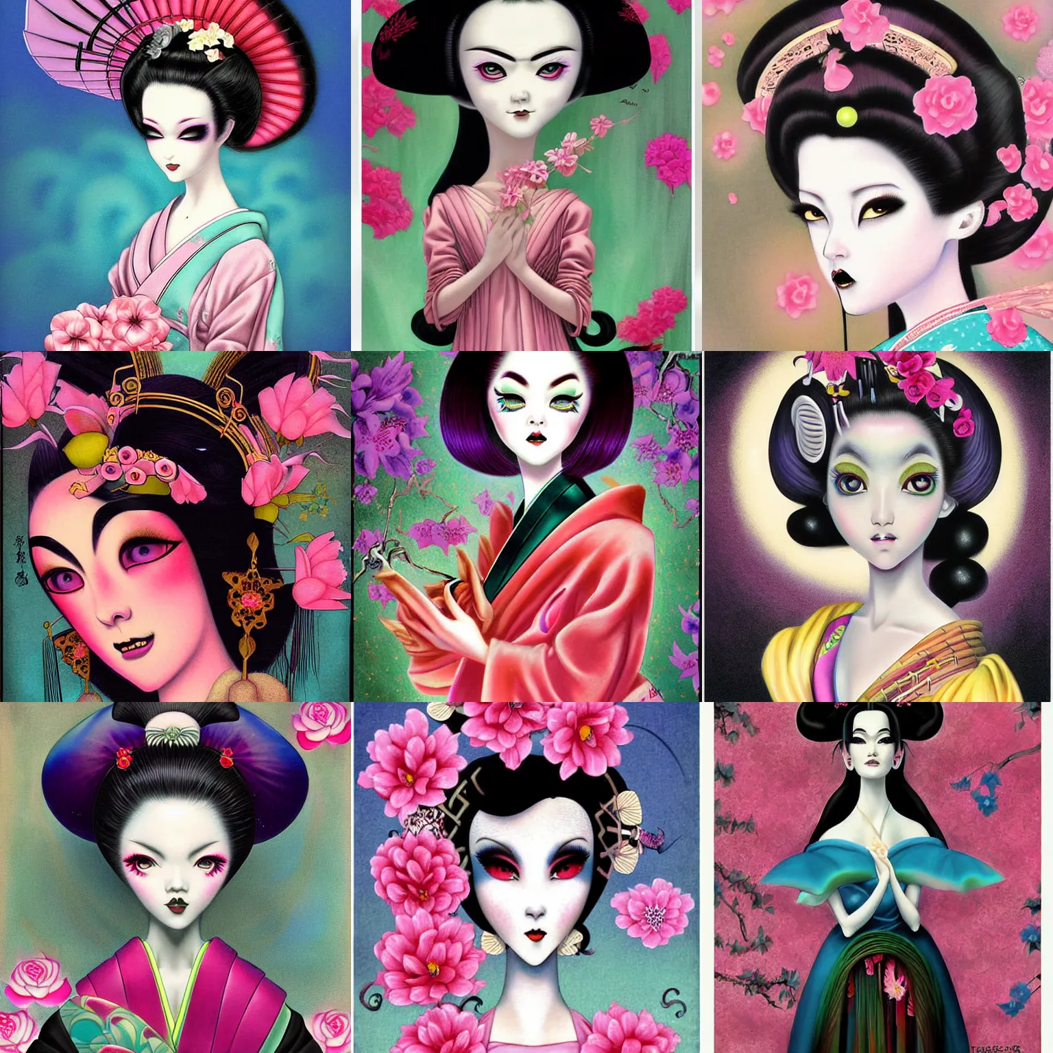Prompt: digital painting of an pastle goth geisha by terese nielsen, mark ryden, lori earley, in the style of, vintage shoujo, fantastic planet, 6 0 s poster art, minimalist poster art, flowers, artgerm
