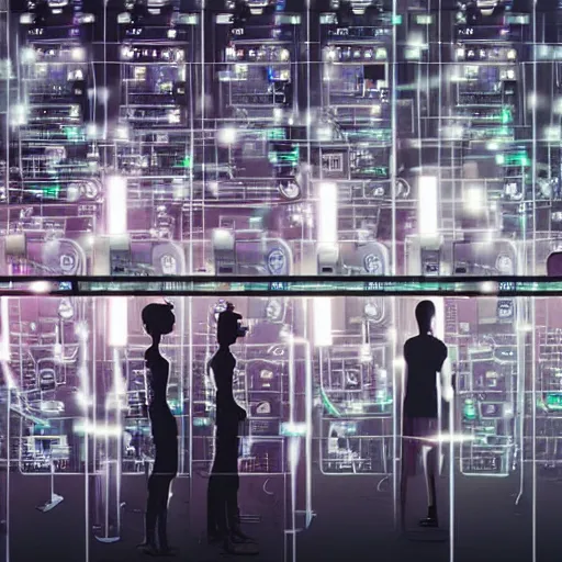 Image similar to human cyborgs wired into a wall of computers, cyberpunk noir