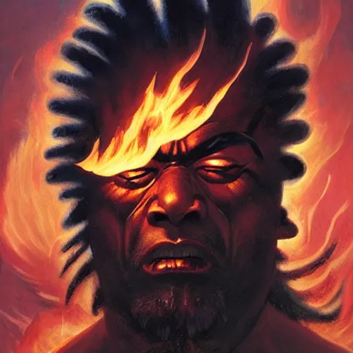 Prompt: head and shoulders portrait of a black samurai fire giant, wreathed in flame, d & d, fantasy, greg rutkowski, frank frazetta, alexandre chaudret, boris vallejo, michael whelan, miro petrov, hr giger, magali villeneuve, donato giancola