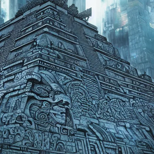 Image similar to Mayan temples merged with cyberpunk futuristic aesthetic 4k highly detailed intricate engravings of esoteric symbols