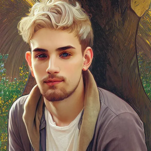 Image similar to young man with short, ash blond greyish hair, light brown eyes, casual clothes, relaxing, happy, path traced, highly detailed, high quality, digital painting, by alphonse mucha, sylvain sarrailh, beautiful details