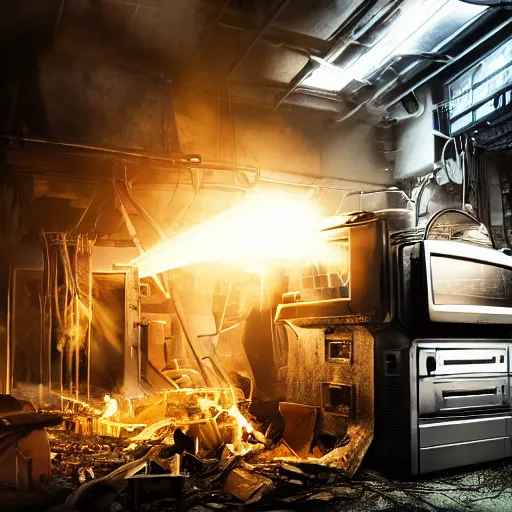 Image similar to cyborg toaster oven repairman, dark messy smoke - filled cluttered workshop, dark, dramatic lighting, orange tint, sparks, plasma rays, cinematic, highly detailed, sci - fi, futuristic, movie still