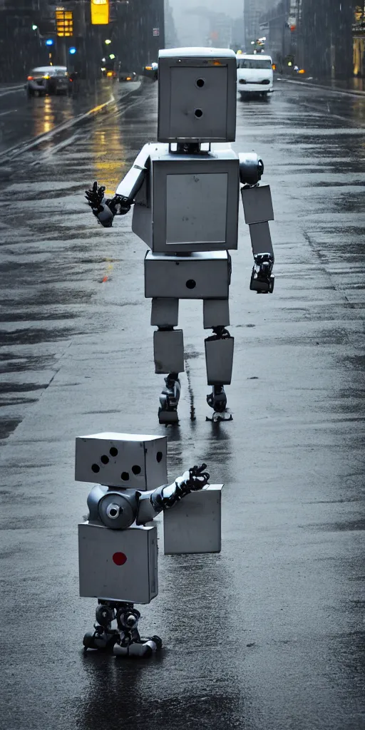 Image similar to robot on the road, city, photo, rain, rain, rain,