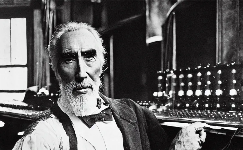 Prompt: movie still close-up portrait of Christopher Lee as 19th century inventor working on a 1880s supercomputer in a victorian house, by David Bailey, Cinestill 800t 50mm eastmancolor, heavy grainy picture, very detailed, high quality, 4k, HD criterion, precise texture and facial expression