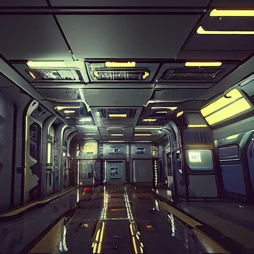 Prompt: “walking through a space station terminal in the architectural style of Alien Isolation. Noticing the attention to detail in the retro futuristic aesthetic”