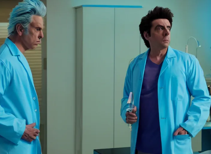 Prompt: film still of rick sanchez blue spike hear lab coat cyan shirt in the new scifi movie 4 k