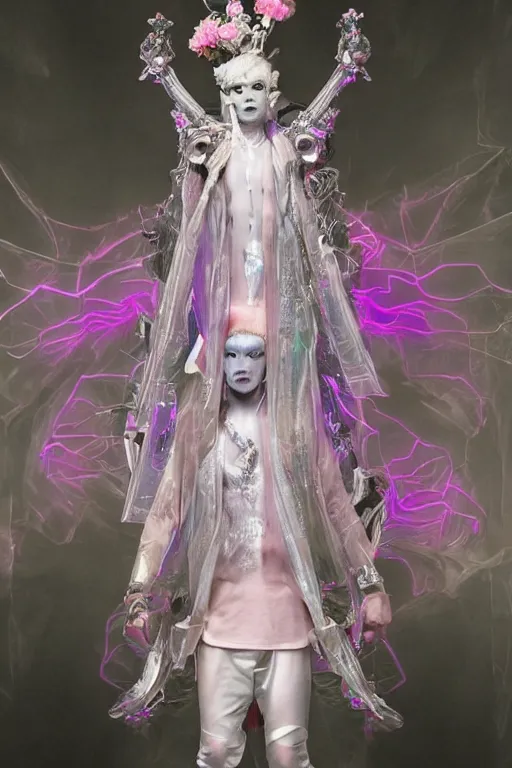 Image similar to full-body rococo and cyberpunk delicate neon crystalline sculpture of ((muscular albino prince Zayn Malik)) as an iridescent humanoid deity wearing a thin see-through ((plastic hooded cloak)) (holding a human skull) in a white castle dungeon, reclining con (((las piernas abiertas))), glowing pink face, crown of (white lasers), large diamonds, swirling black silk fabric. futuristic elements. oozing glowing liquid, full-length view. space robots. intricate artwork by caravaggio. Trending on artstation, octane render, cinematic lighting from the right, hyper realism, octane render, 8k, depth of field, 3D