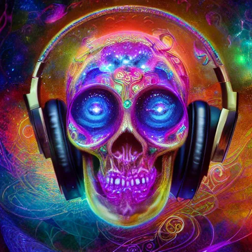Prompt: portrait of a fantasycore glitchcore pristine skull wearing headphones. intricate abstract. intricate artwork. celestial. psychdelic. prismatic, by josephine wall, by gilbert williams, pixar, ghibli. octane render, CGSociety very coherent symmetrical artwork. cinematic, hyper realism, high detail, octane render, 8k, holographic accents