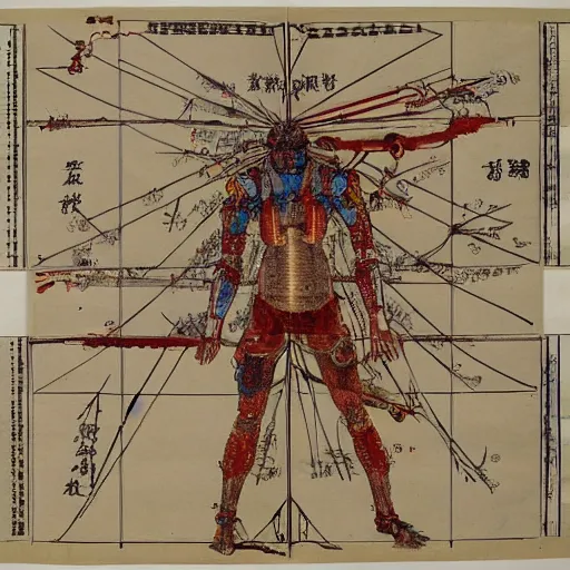 Image similar to a brilliantly colored Japanese scroll of an exploded diagram of a detailed engineering schematic of a cyborg samurai made by an AI in the pose vitruvian man in the style of jean giraud , post-processing , award winning, photo realistic, aged blood stains