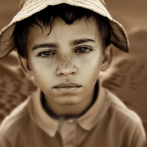 Prompt: a detailed portrait of a boy in the desert, art illustration, incredibly highly detailed and realistic, 8 k, sharp focus