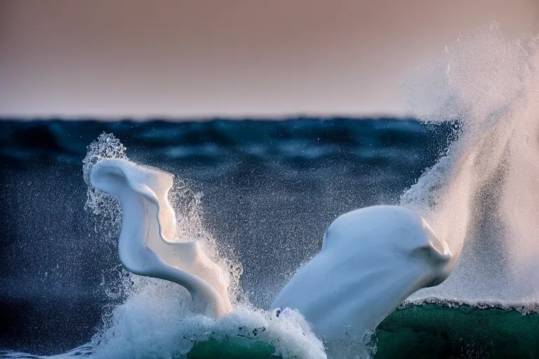 Image similar to underwater photography of a gigantic white octopus jumping a wave at nazare