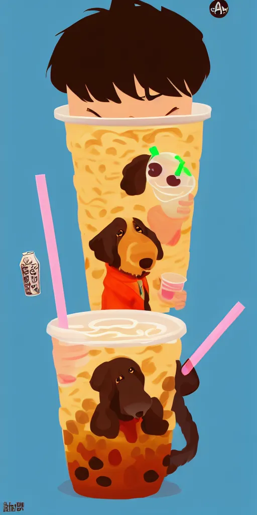 Image similar to a bernedoodle drinking boba tea, digital art, wallpaper, highly detailed, trending on artstation.