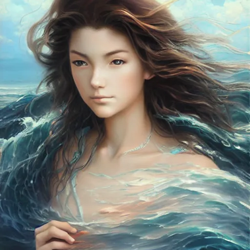 Image similar to portrait of beautiful woman in big waves at sea, long hair blowing in the wind, an oil painting by ross tran and thomas kincade, studio ghibli