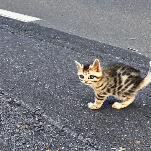 Prompt: kitten bird hybrid eating trash in the road