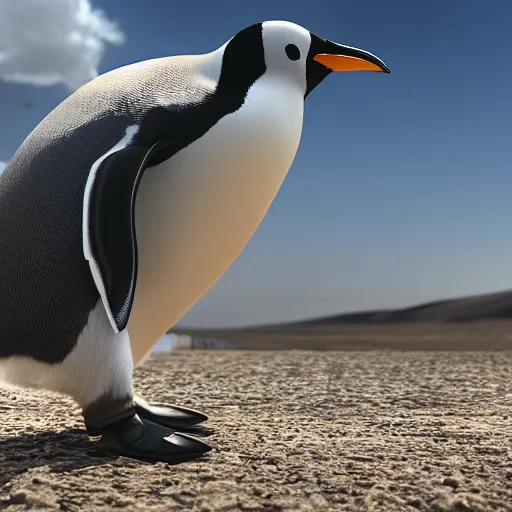 Image similar to shit Penguin in the desert, Pyjama british Air force Officer, octane render, unreal engine, 8k high definition