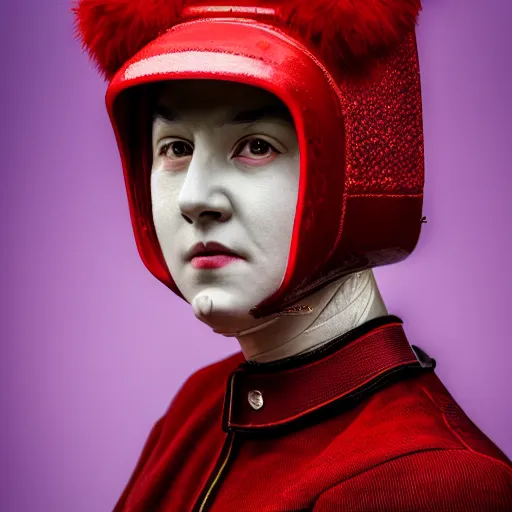 Prompt: highly detailed portrait photography directed gaze of a sharp face, wearing a red visor mask, chapped lips, 105mm f2.8 at the grand budapest hotel