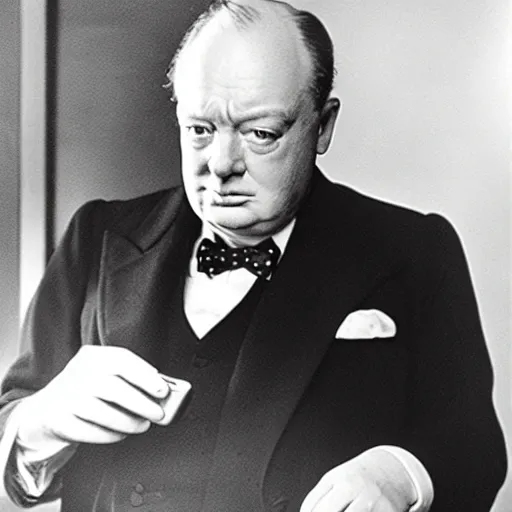 Image similar to A black and white photograph, circa 1940s, of Winston Churchill looking down at his smartphone