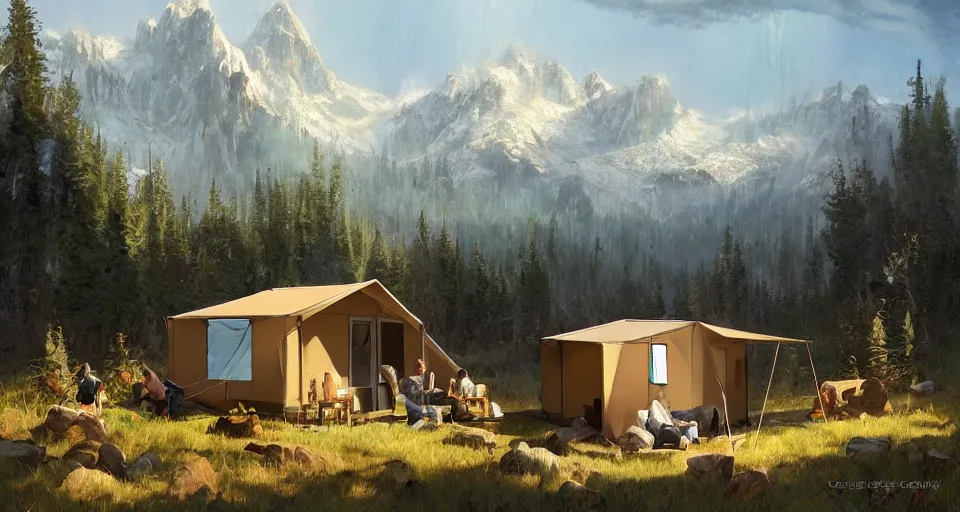 Image similar to cabela's beautiful comfortable community of modular insulated wall container home kit - house all weather family dwelling tent house, person in foreground, mountainous forested wilderness open fields, beautiful views, painterly concept art, environmental concept art, concept art illustration, by james gurney, by craig mullins, by greg rutkowski trending on artstation