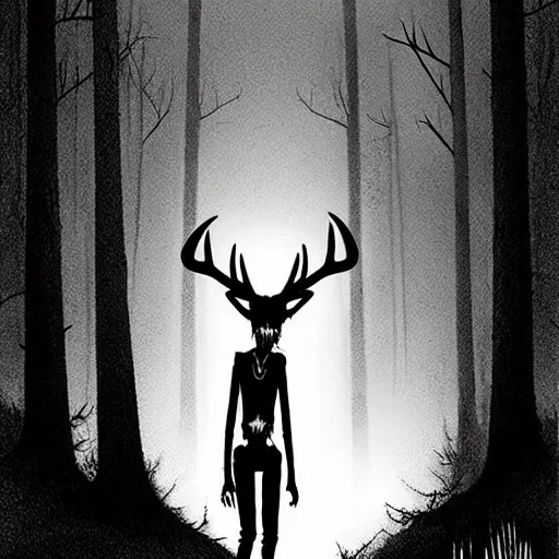 Image similar to Rafeal Albuquerque comic art, Emma Rios comic, Wendigo monster with deer skull face, antlers, furry brown body, tall and lanky skinny, walking through the forest, very dark night time, deep black, ominous lighting, spooky, scary, foggy, fog