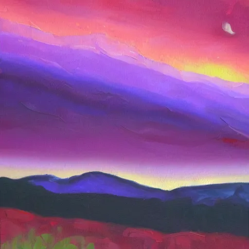 Prompt: purple mountains under night sky, oil painting by Frindly McSporge