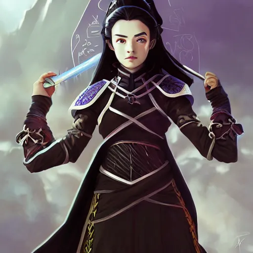 Image similar to Portrait of teenage sorceress Azula wearing skintight black leather armor, Avatar the Last Airbender, Dungeons and Dragons, Lord of the Rings, intricate, elegant, highly detailed, digital painting, artstation, concept art, smooth, sharp focus, illustration, art by artgerm and greg rutkowski and alphonse mucha and andrei riabovitchev