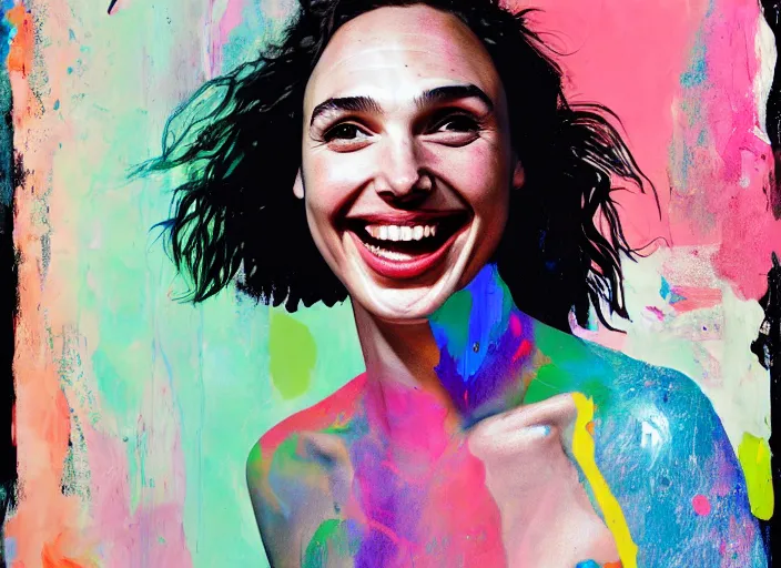 Image similar to portrait of gal gadot laughing, by vincent lefevre and hernan bas and pat steir and hilma af klint, psychological, photorealistic, dripping paint, washy brush, rendered in octane, altermodern, masterpiece